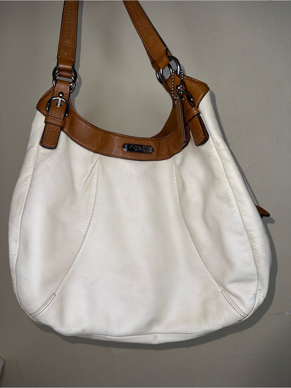Coach Cream Leather Shoulder Bag with Tan Trim